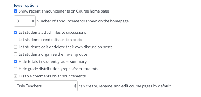 course settings with "show recent announcements on home page", "let students attach files to discussions" and "hide totals in student grade summary" are checked. All other settings are unchecked. 